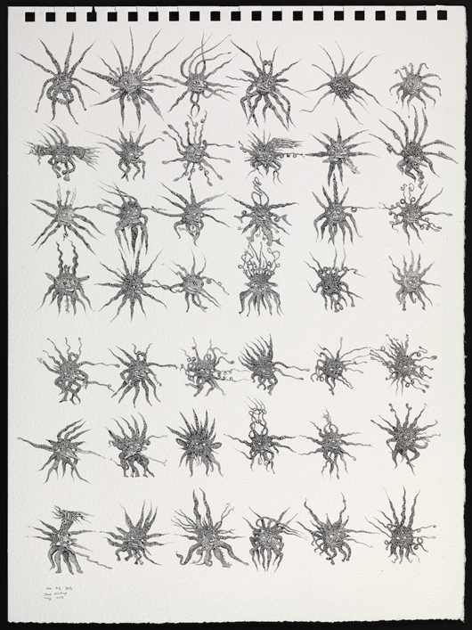 This Rotring pen drawing, entitled 'The 42 blots,' by David Winthrop (born 1948), a former member of rock band Supertramp and also an accomplished draftsman, will be on display at Day and Faber's gallery in Old Bond Street during the Master Drawings London event. Image courtesy Day & Faber.